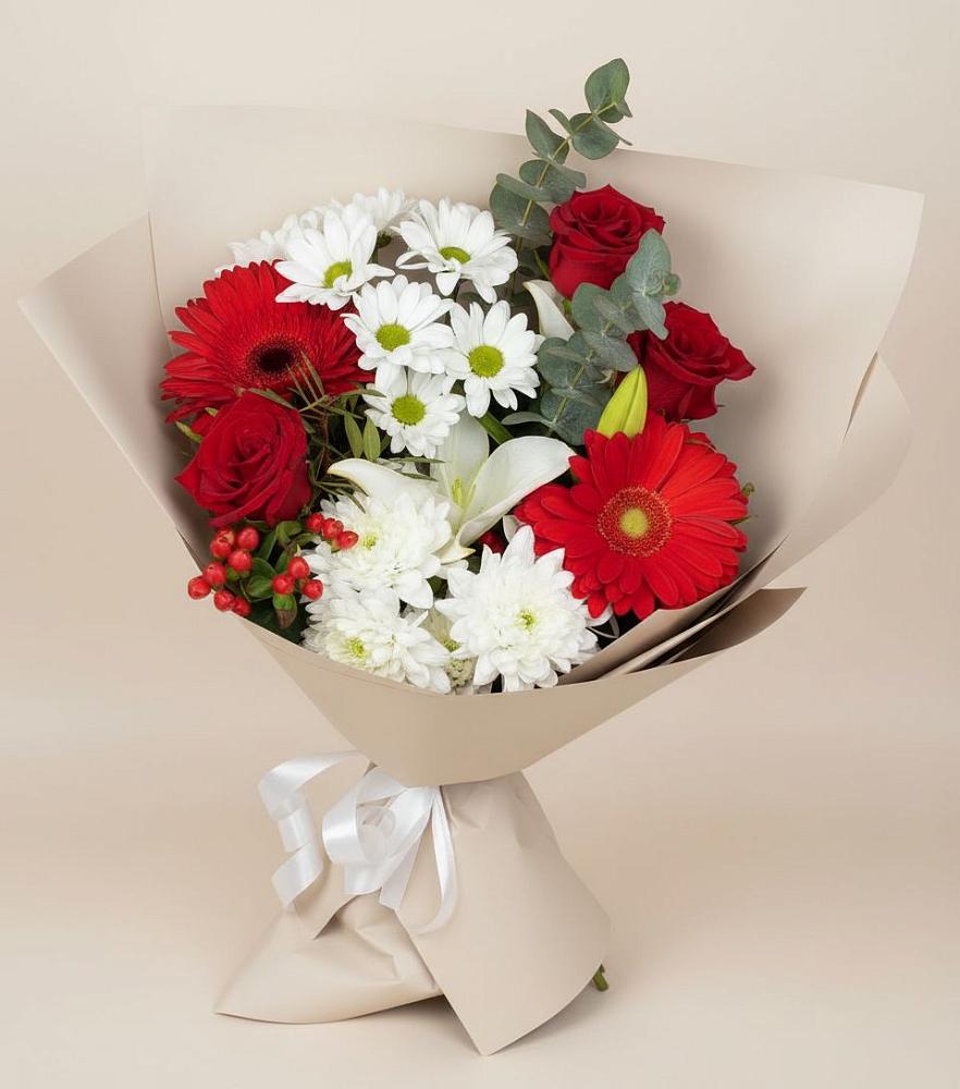 Букет цветов из: Розы, Хризантемы, Герберы и Лилии в Талинке