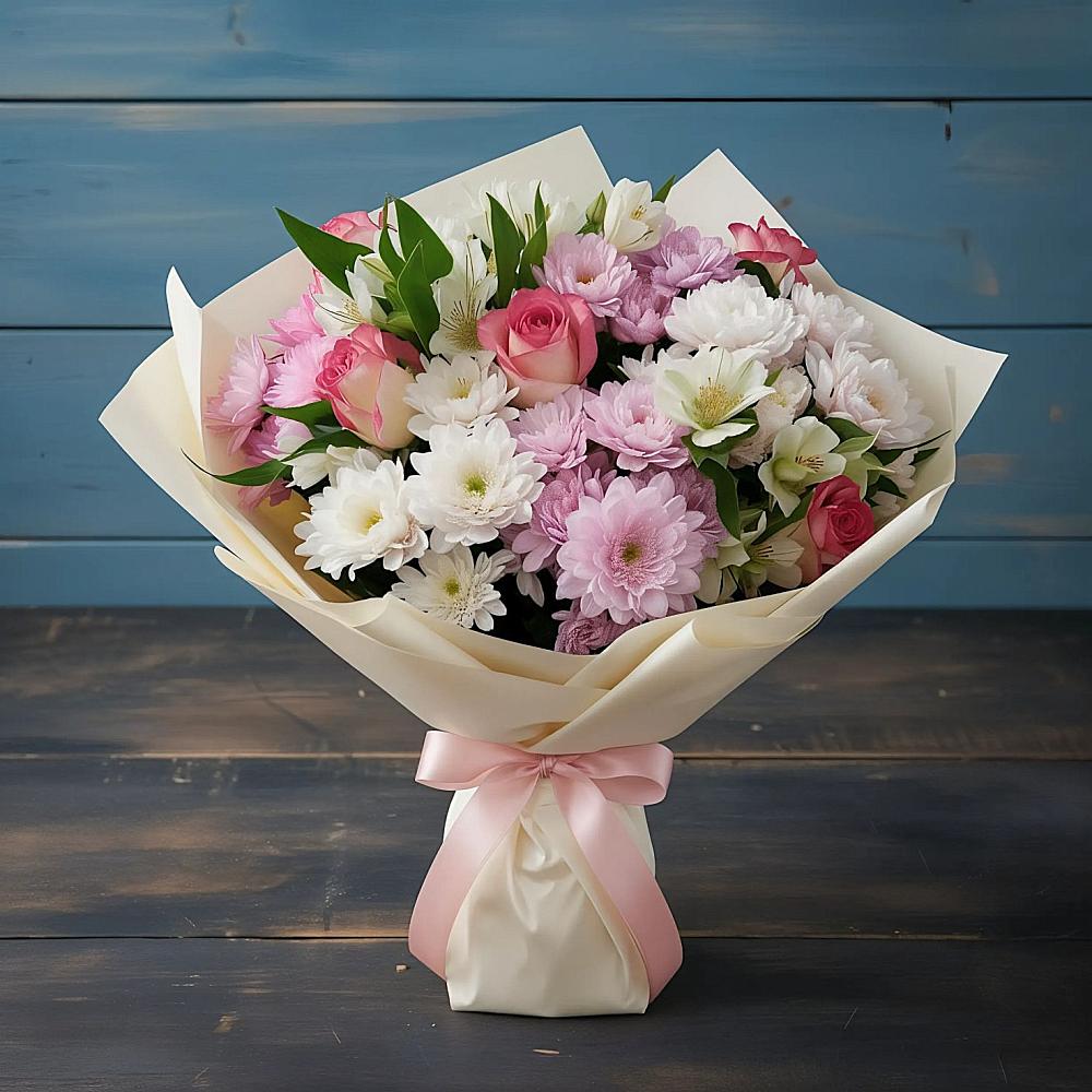 Букет цветов из: Хризантемы, Альстромерии и Розы в Талинке